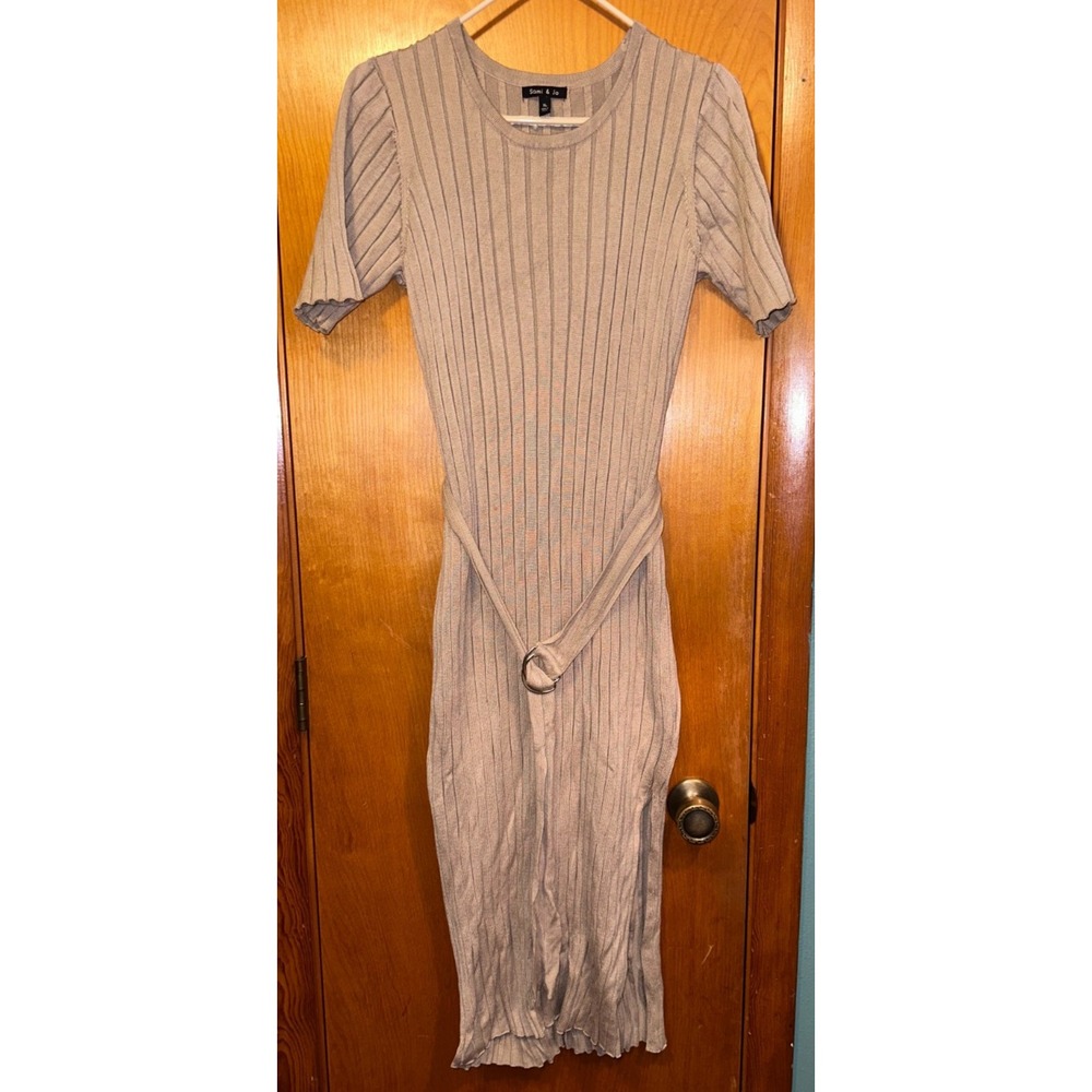 Sami Jo Ribbed Knit Short Sleeve Belted Tan Khaki Brown Midi Sweater Dress XL